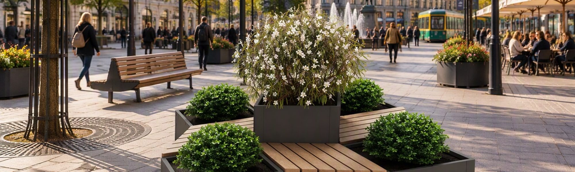 osaka puistonpenkit ja istutusastiat kaupunkiympäristössä